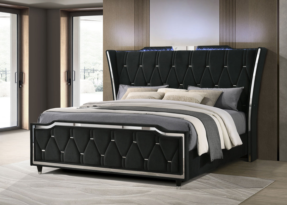 Lorient Eastern King LED Upholstered Bed in Black Velvet