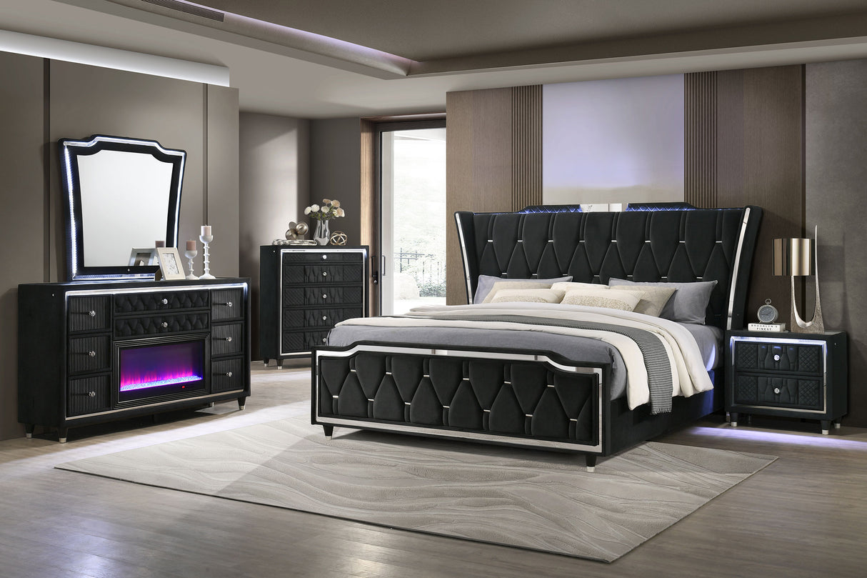 Lorient Eastern King LED Upholstered Bed in Black Velvet