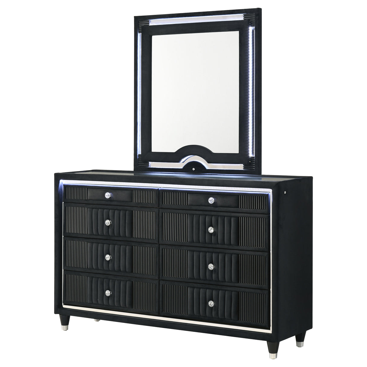 Ravenne 8-Drawer Velvet Upholstered LED Dresser and Mirror, Black