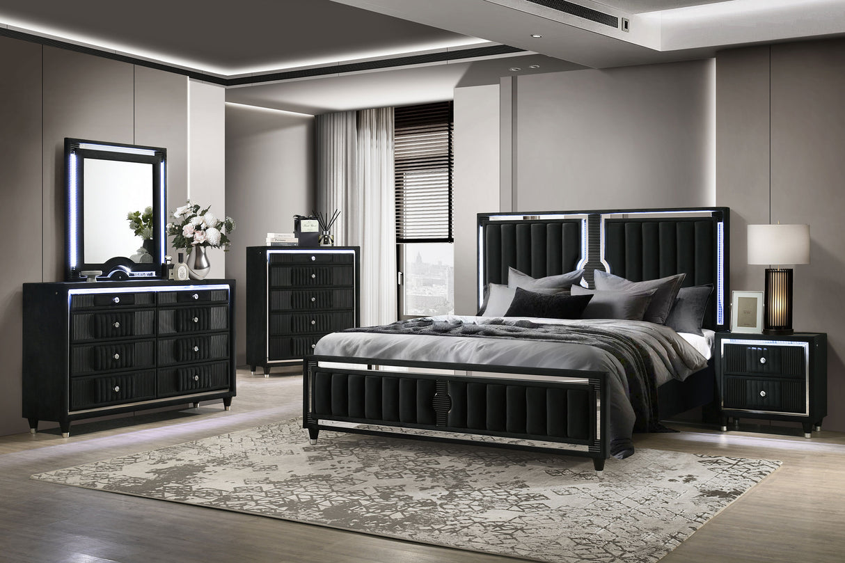 Ravenne 5-Drawer Velvet Upholstered LED Chest - Black