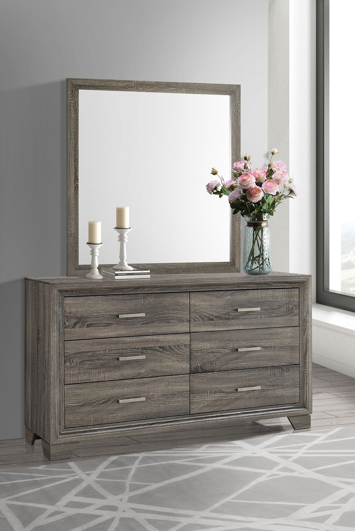 Wright 6-Drawer Dresser and Mirror in Brown Oak