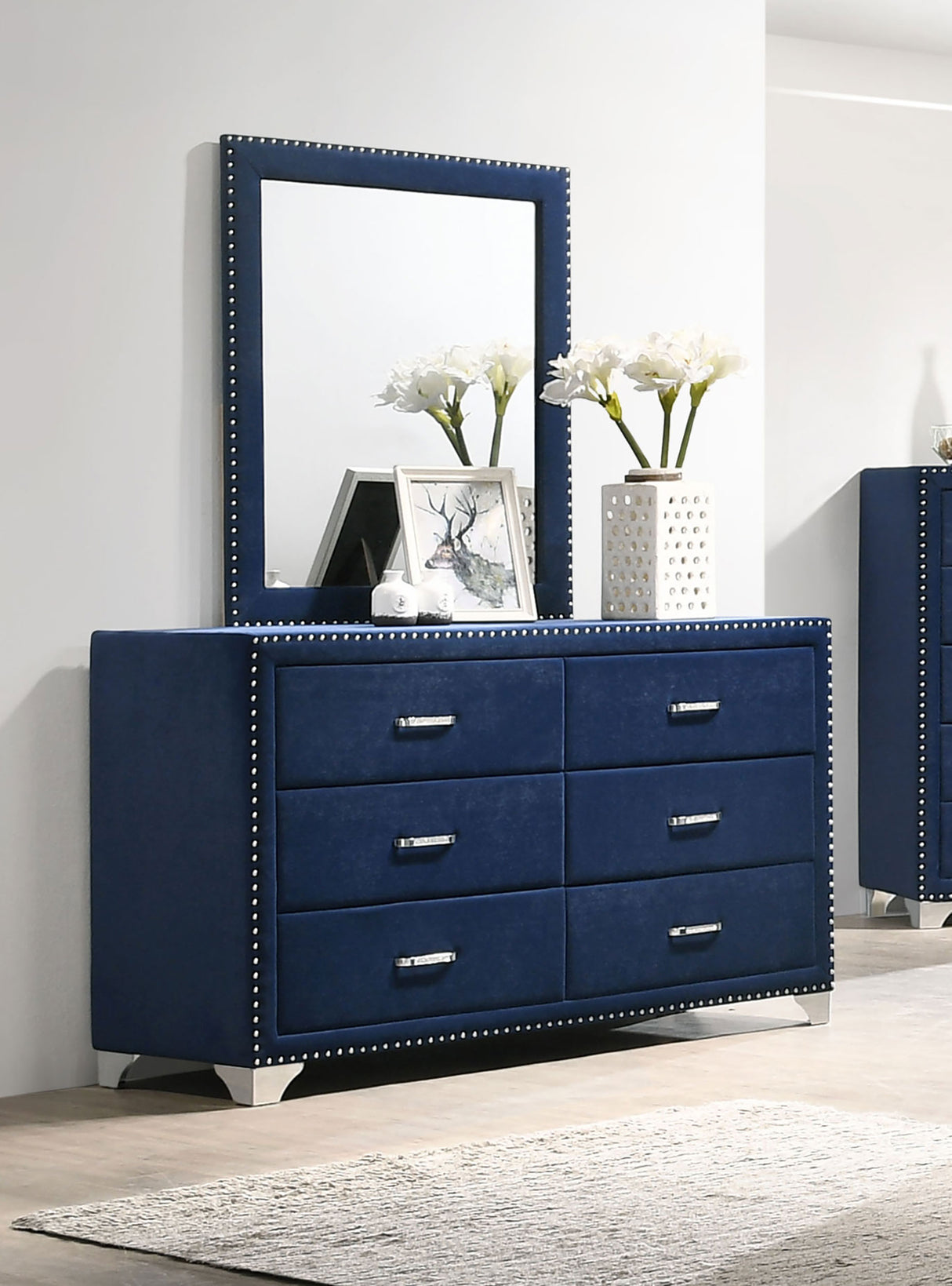 Melody 6-Drawer Upholstered Dresser with Mirror - Pacific Blue