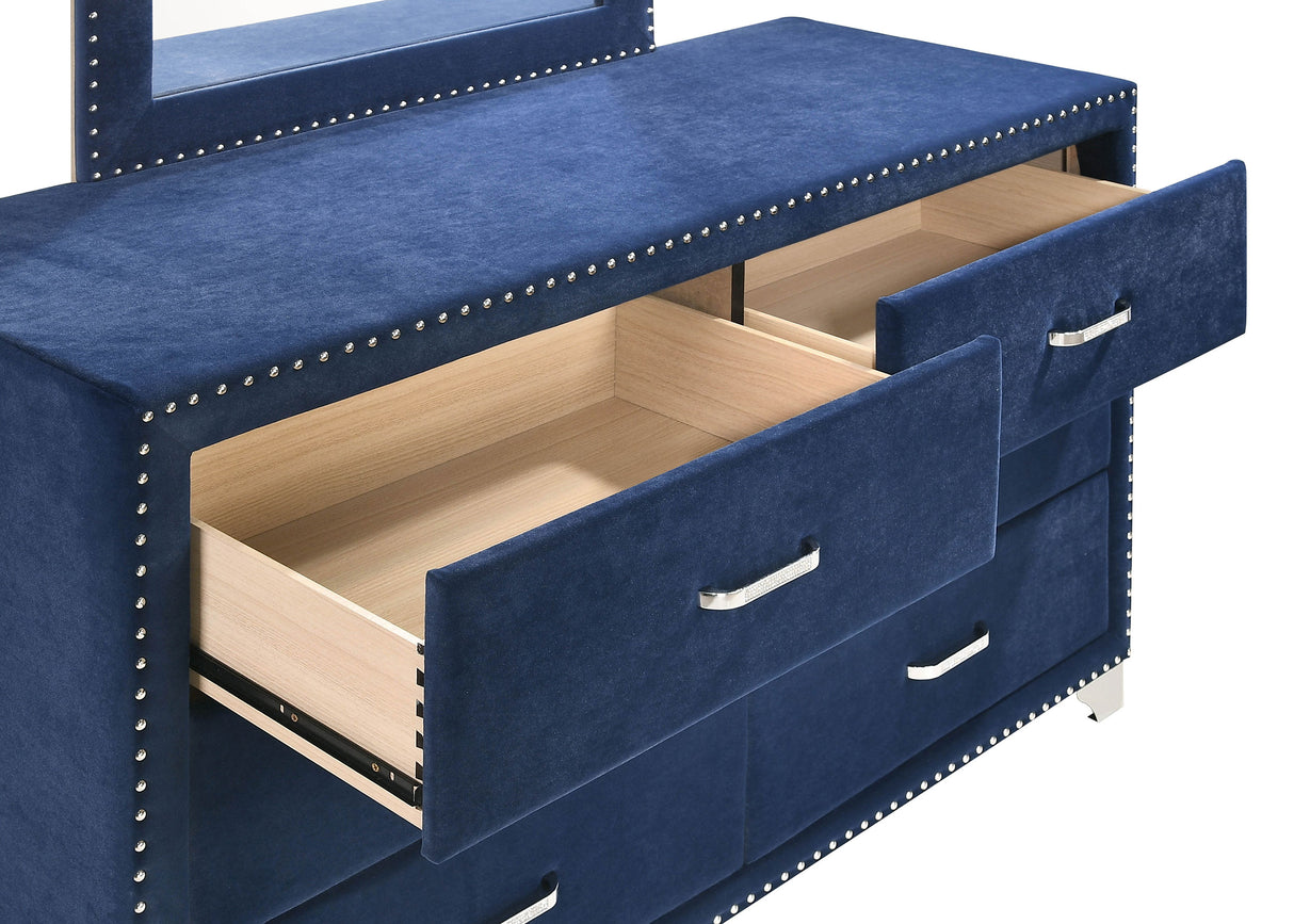 Melody 6-Drawer Upholstered Dresser with Mirror - Pacific Blue