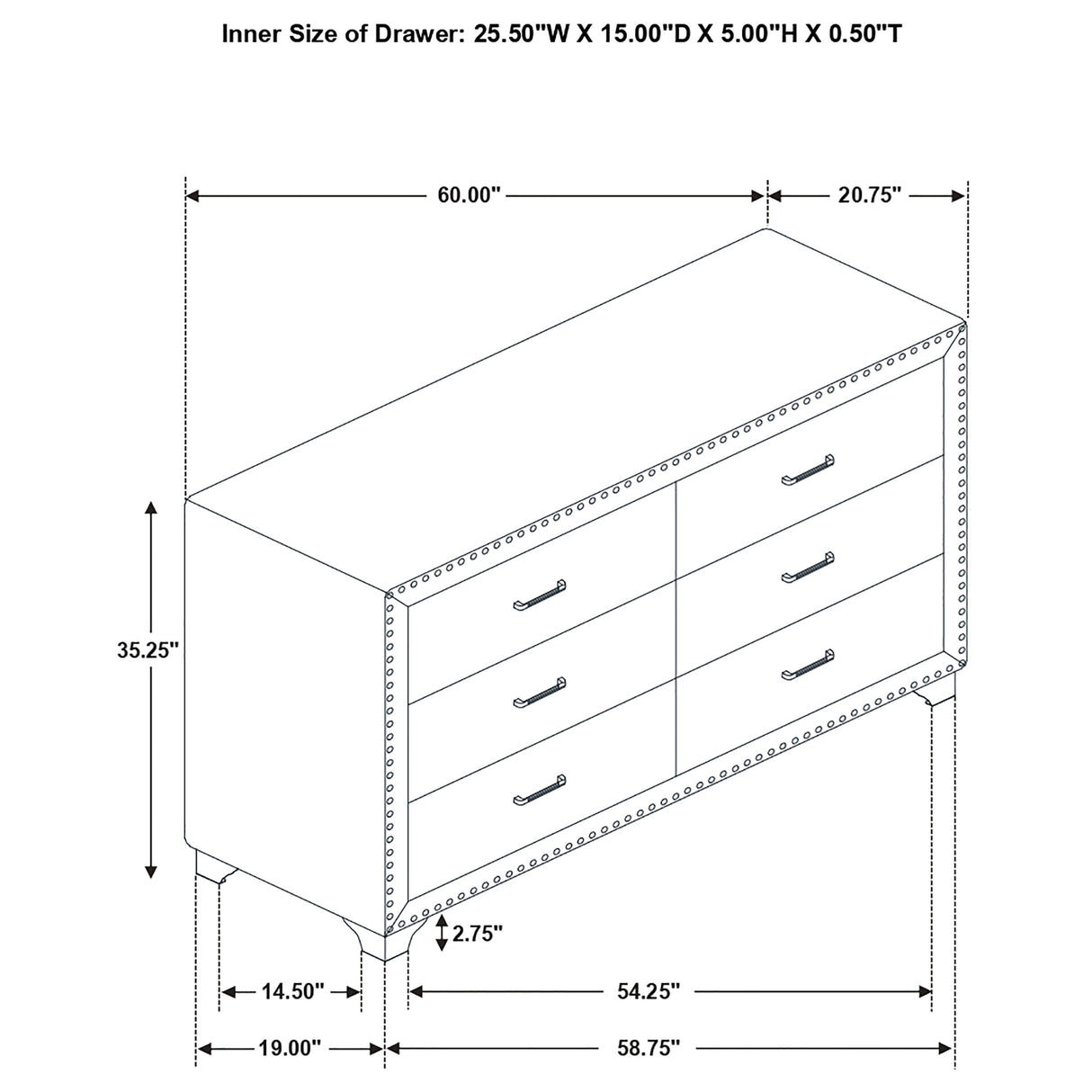 Melody 6-Drawer Upholstered Dresser in Pacific Blue
