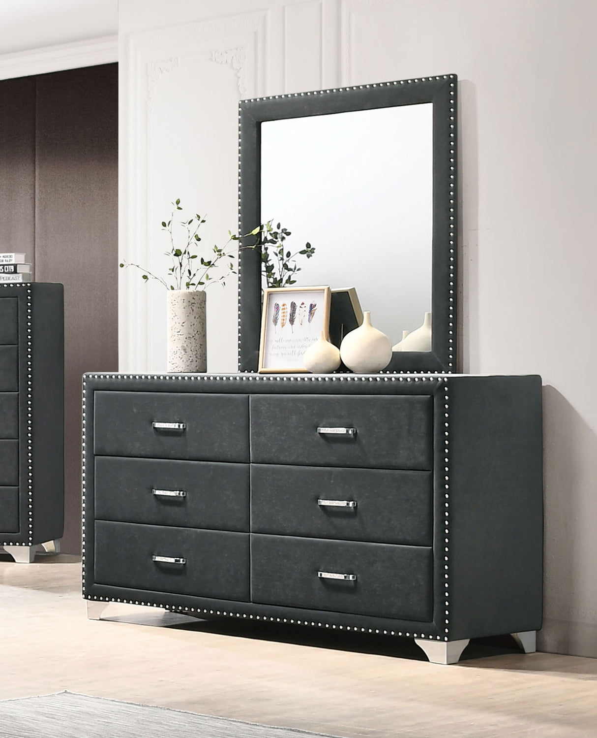 Melody 6-Drawer Upholstered Dresser with Mirror - Grey