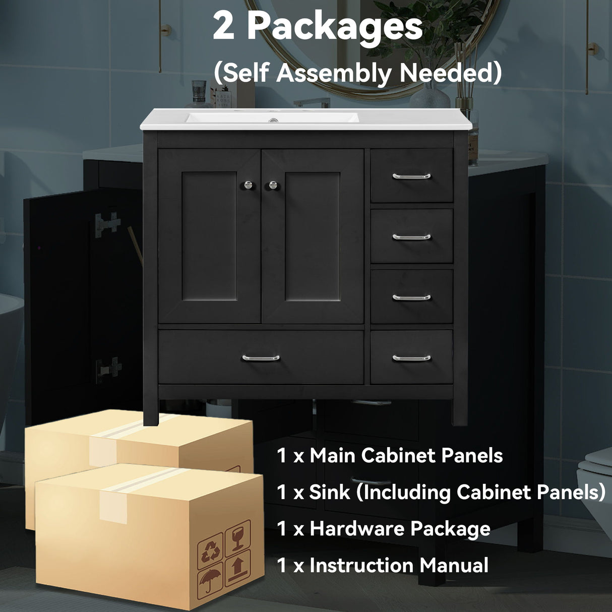 Bathroom Vanity With Sink Combo, 2 Soft Close Doors And 5 Drawers