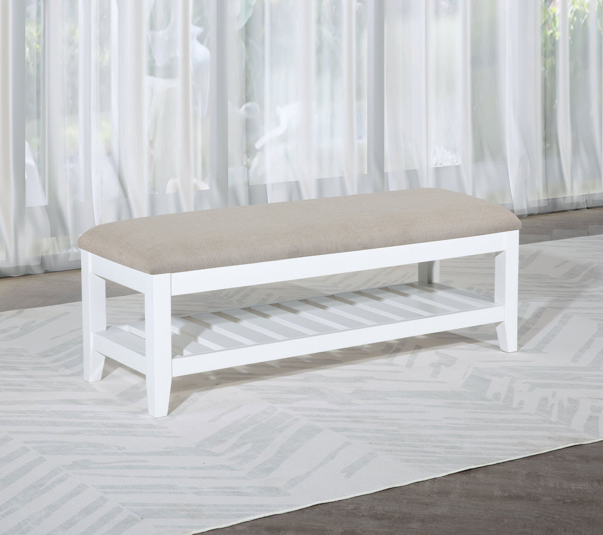 Bexhill Upholstered Rectangular Bench with Shelf - White