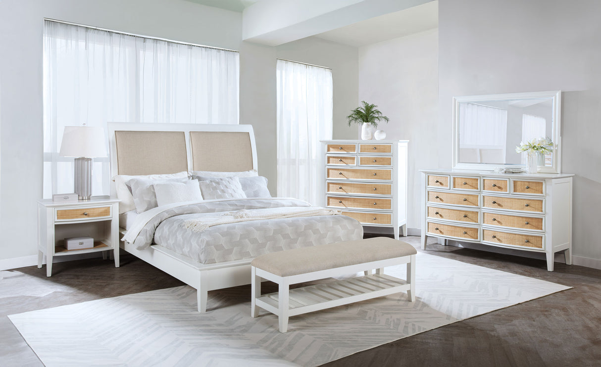Bexhill Upholstered Rectangular Bench with Shelf - White