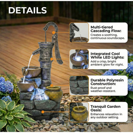Hand Pump Water Fountain With LED Lights - Gray