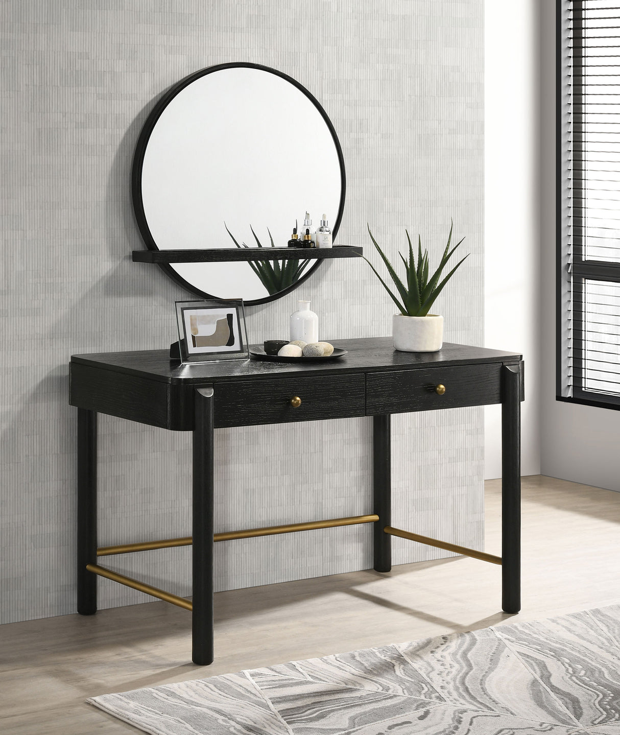 Arini Round Vanity Wall Mirror with Shelf in Black