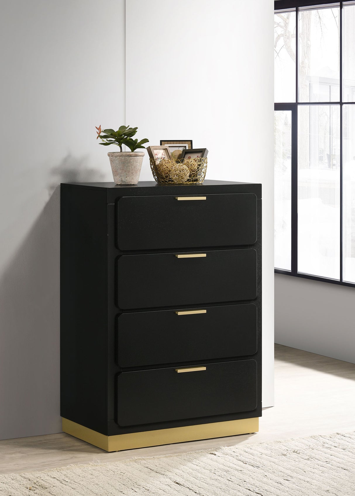 Caraway 4-Drawer Chest in Black with Gold Hardware