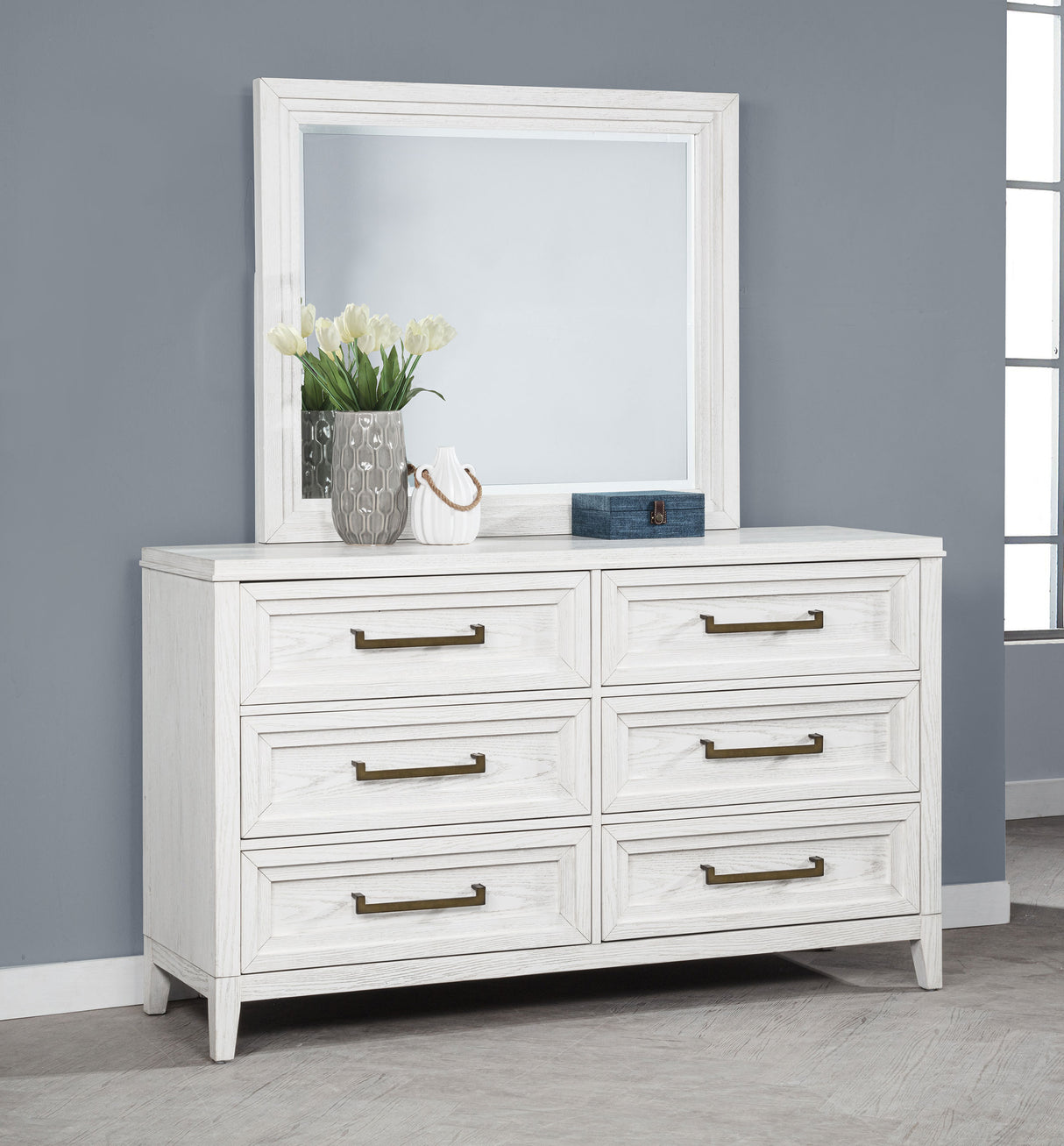 Marielle 6-Drawer Dresser with Mirror in Distressed White