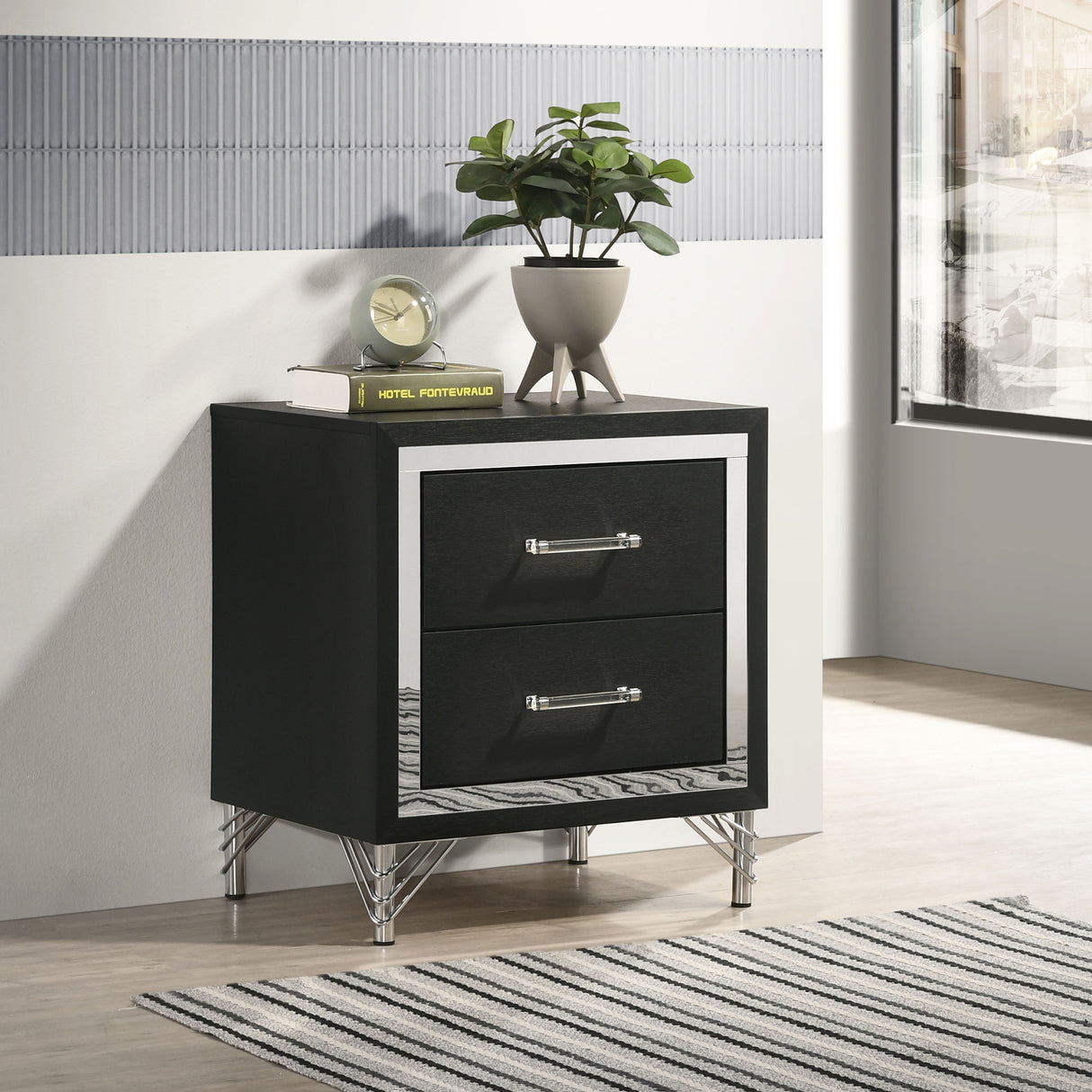 Lucia 2-Drawer Nightstand - Black with Metallic Trim