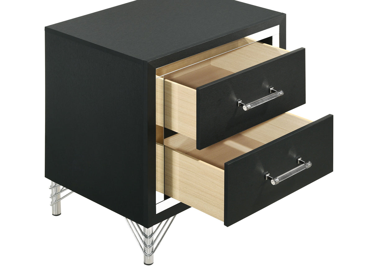 Lucia 2-Drawer Nightstand - Black with Metallic Trim