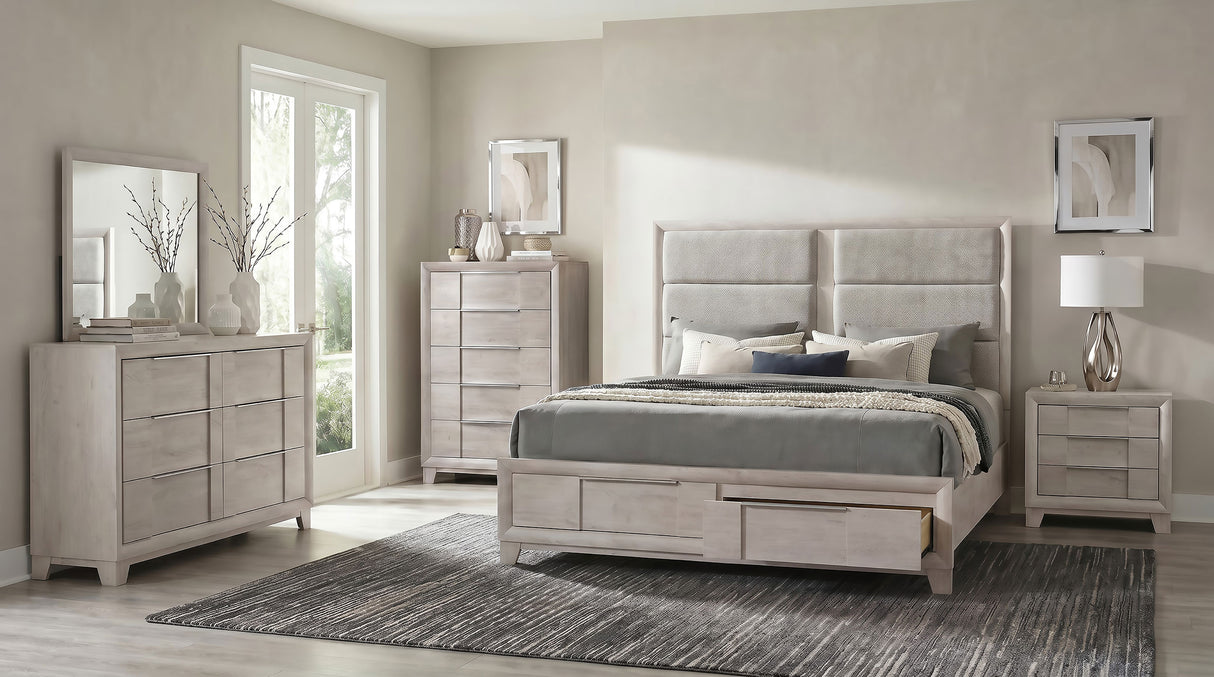 Farre Eastern King Upholstered Storage Platform Bed, Washed Grey