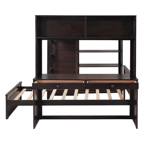 Loft Bed With A Twin Size Standalone Bed, Shelves, Desk, And Wardrobe