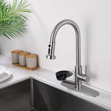 3 In 1 Kitchen Faucet With Press Type Glass Rinser, High Arc Pull Down Sprayer