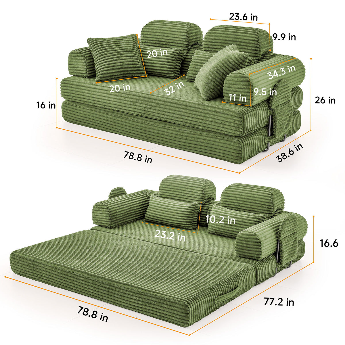 Convertible Sleeper Sofa With & Side Storage Pocket, Foldable Upholstered Couch For Living Room