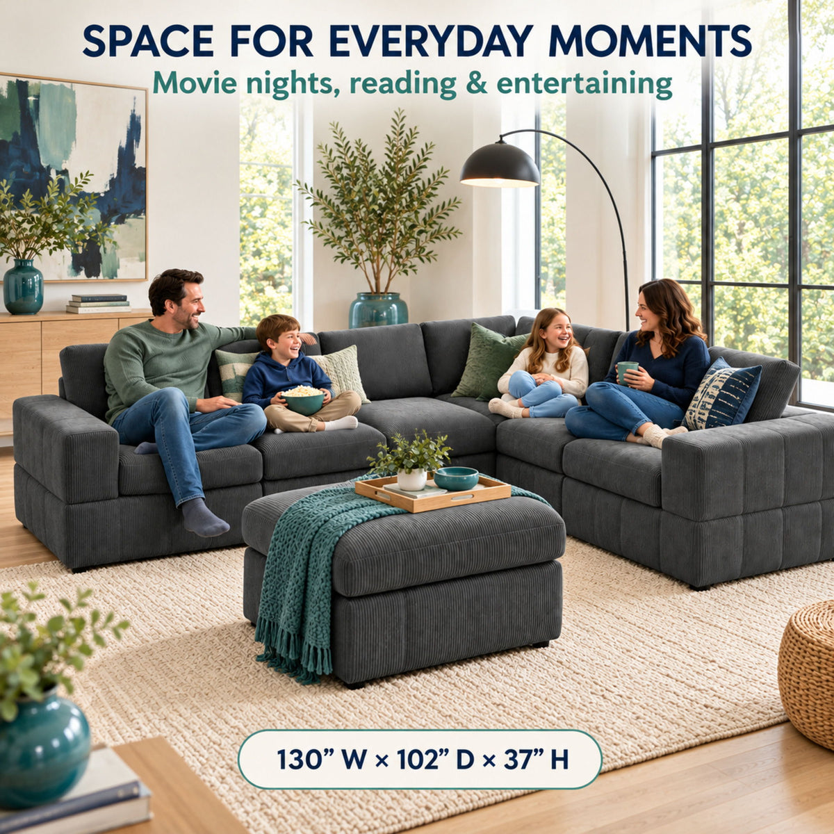 Oversized Modular Sectional Sofa, 7 Piece Reversible With Ottoman - Dark Gray