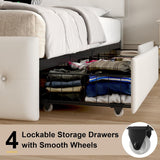 Upholstered Bed Frame With LED Lights, 4 Storage Drawers, Charging Station