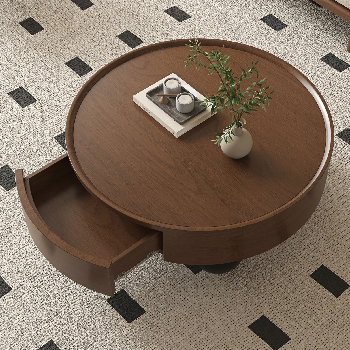 Round Coffee Table With Storage Drawer And Ball Feet - Walnut / Black
