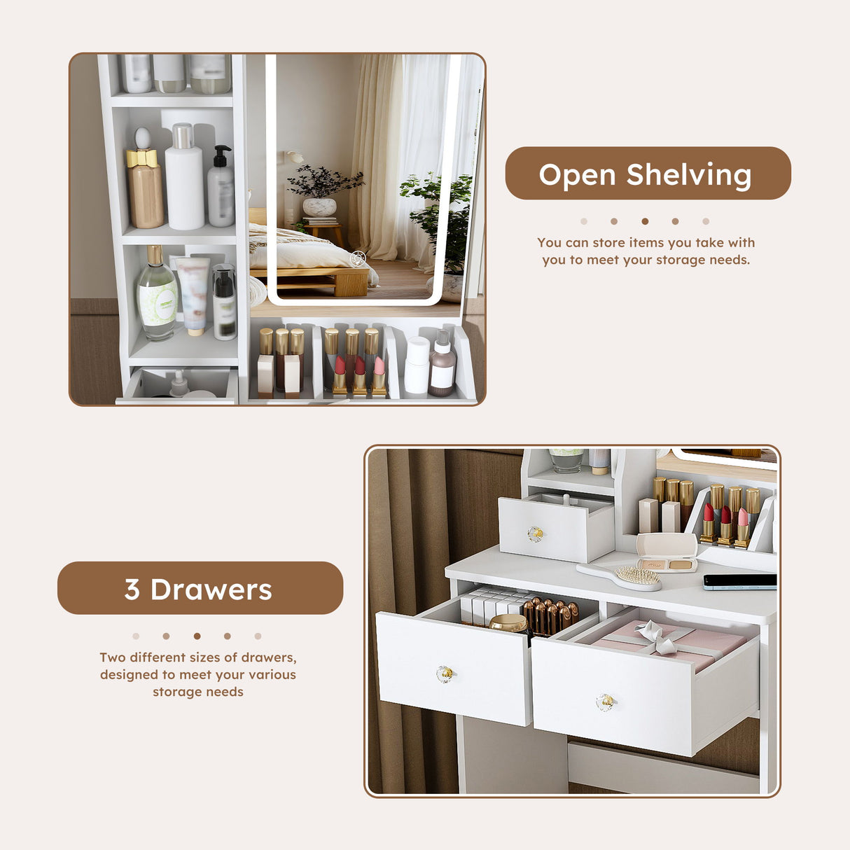 Modern Small Vanity Desk With 3 LED Lighting Modes, 3 Drawers