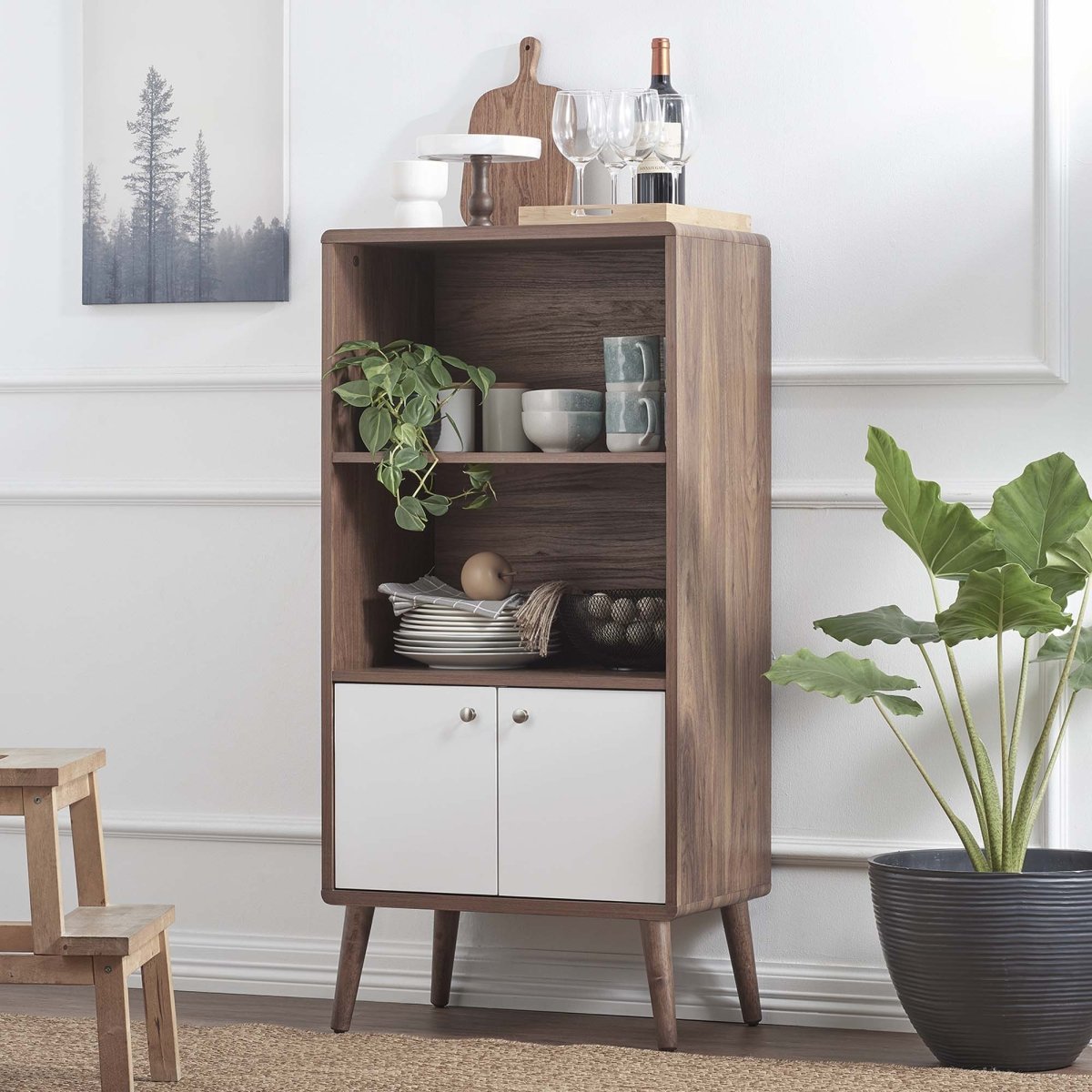 23.5" Mid - Century Modern Display Cabinet and Bookshelf - Walnut White - Bookcases available at Alpine Outlets in Denver