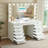 LED Lighted Makeup Vanity Desk With 16 Bulbs Mirror, 13 Drawers Dressing Table For Bedroom - Gloss White