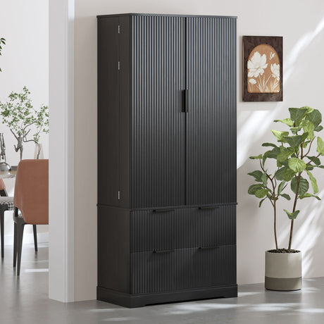 Fluted Kitchen Pantry Cabinet With 2 Large Drawers & 8 Door Spice Rack Freestanding Storage Organizer - Black