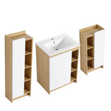 24" Bathroom Vanity With Sink & Tall And Low Side Cabinets, Vanity Set With Thin Edge Sink & Interchangeable Door Panels, 3 Piece Bathroom Storage Set - Black / Light Oak / White