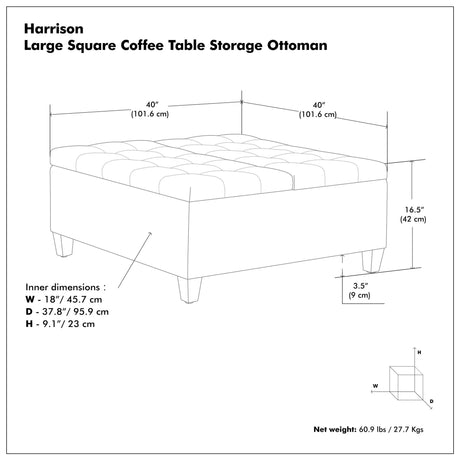 Harrison - Multifunctional Large Square Coffee Table Storage Ottoman - Gray