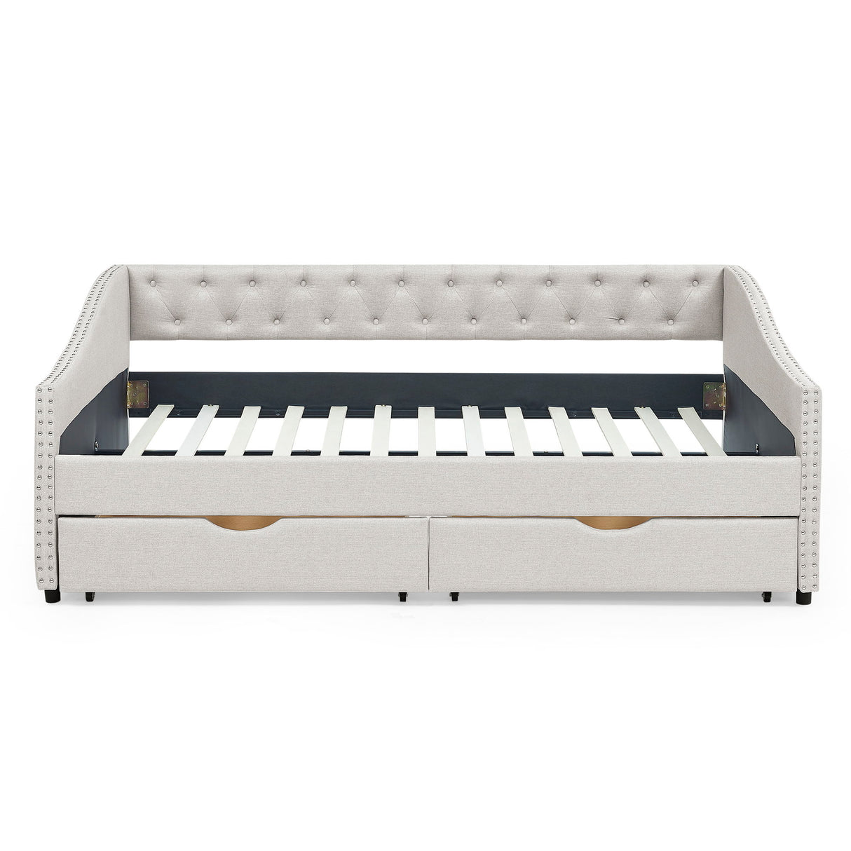 Upholstered Tufted Daybed With Drawers, Waved Arms