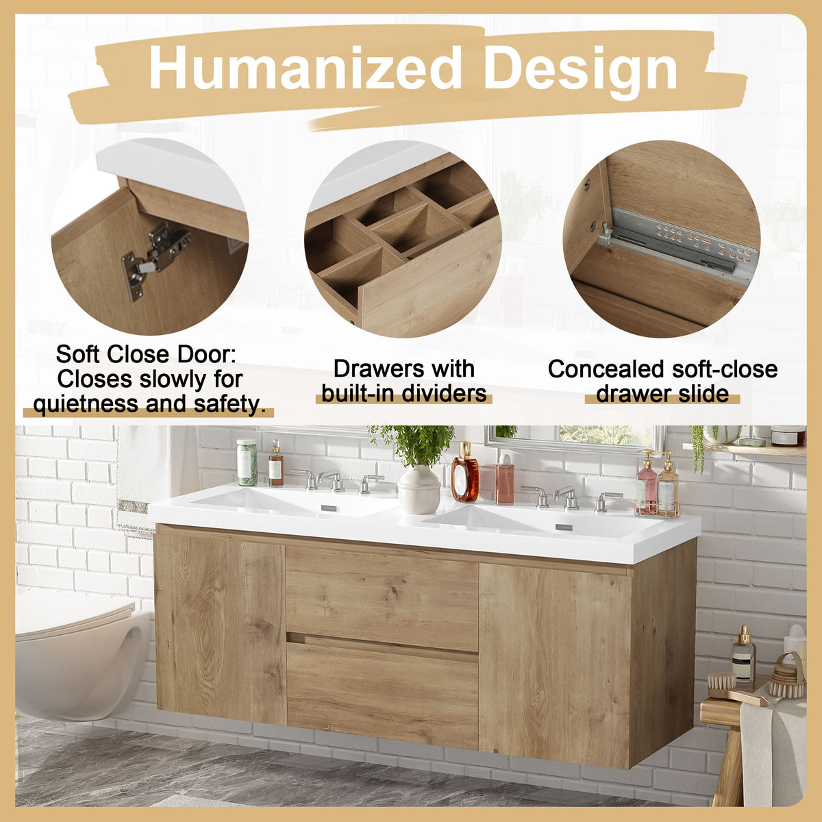Double Sink Bathroom Vanity, Cabinet & Soft Close Doors, Divided Drawers, Wall Mounted Storage - Wood