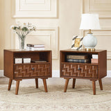 Nightstand With Carved Geometric Drawer Front, 1 Drawer And Open Shelf