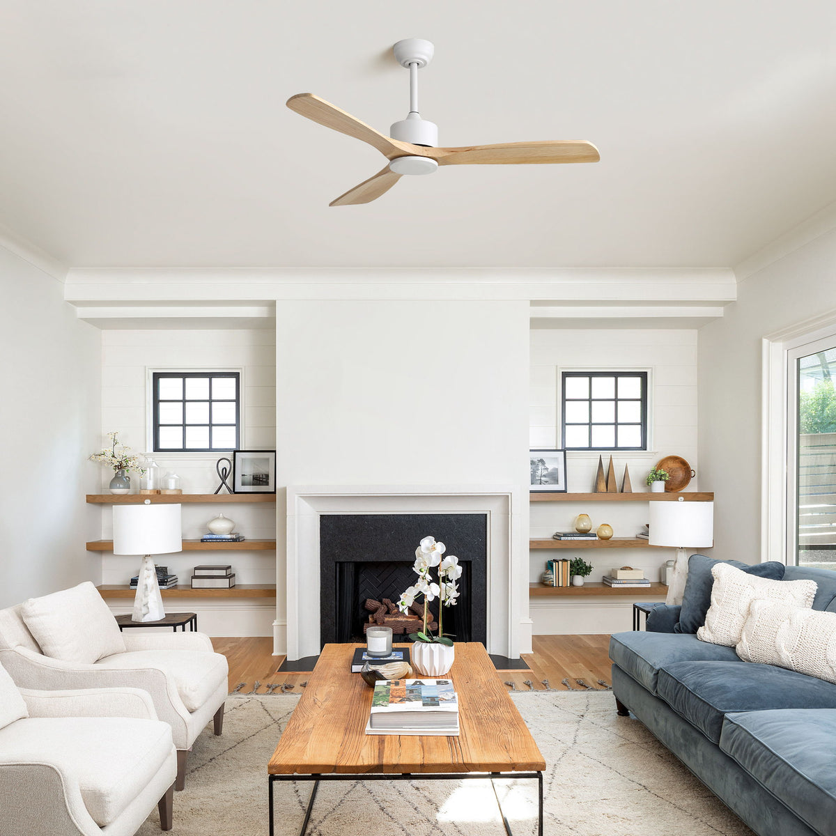 42" Ceiling Fan With No Light, Reversible DC Motor, 2 Downrods (12.5Cm / 25Cm) For Bedroom & Living Room - White