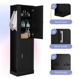 Tall Freestanding Bathroom Storage Cabinet With Adjustable Shelves And Side Hooks