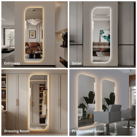 Irregular Shape LED Full Length Wall Mirror With 3 Color Dimmable Lighting - Silver