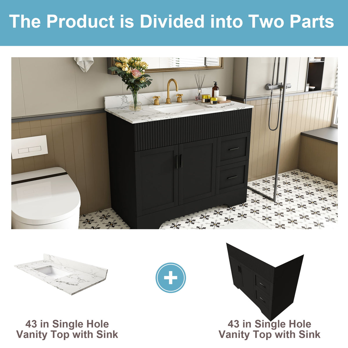 Bathroom Vanity Set, Fluted Cabinet, Soft Close Doors & Drawers, 3 Faucet Holes - Black