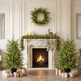 4 Piece Christmas Artificial Trees With Sturdy Bases, Pre Lit Wreath & Garland, Warm LED Lights, Indoor Holiday Decor - Green