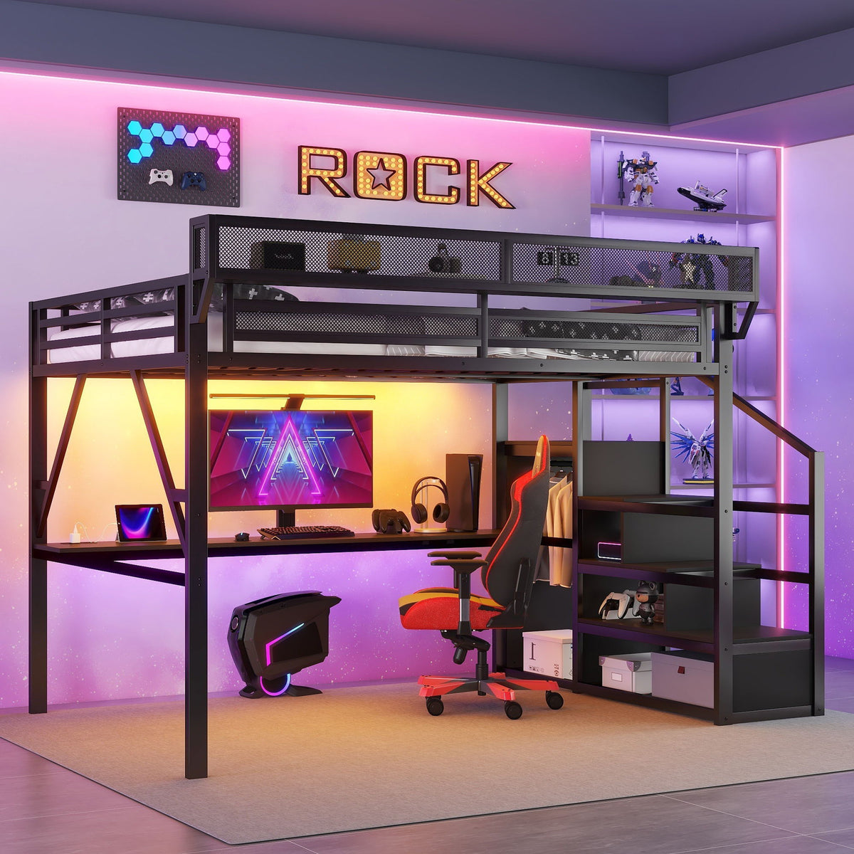 Queen Loft Bed With Desk And Charging Station Stairs And Light - Black