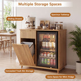 Fluted Coffee Bar Cabinet With Mini Fridge Space & Charging Station - Natural