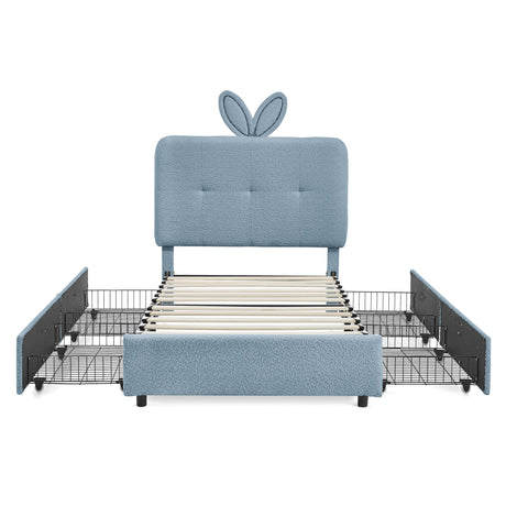 Upholstered Bed With Oversized Rabbit Ear Headboard, LED Lights & 4 Storage Drawers