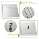 16" Square Rainfall Shower Head Fixed Wall Mount With Full Body Coverage & Self Cleaning Silicone Nozzles