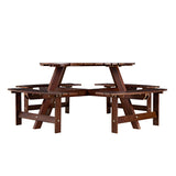 8 Person Round Picnic Table With 4 Built In Benches, Umbrella Hole For Garden - Brown
