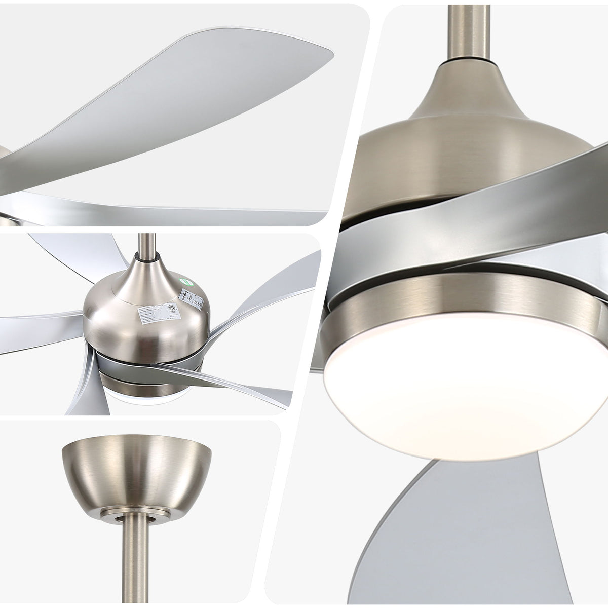 52" Ceiling Fan With Light Featuring 5 Blades Dimmable LED And Memory Function - Nickel
