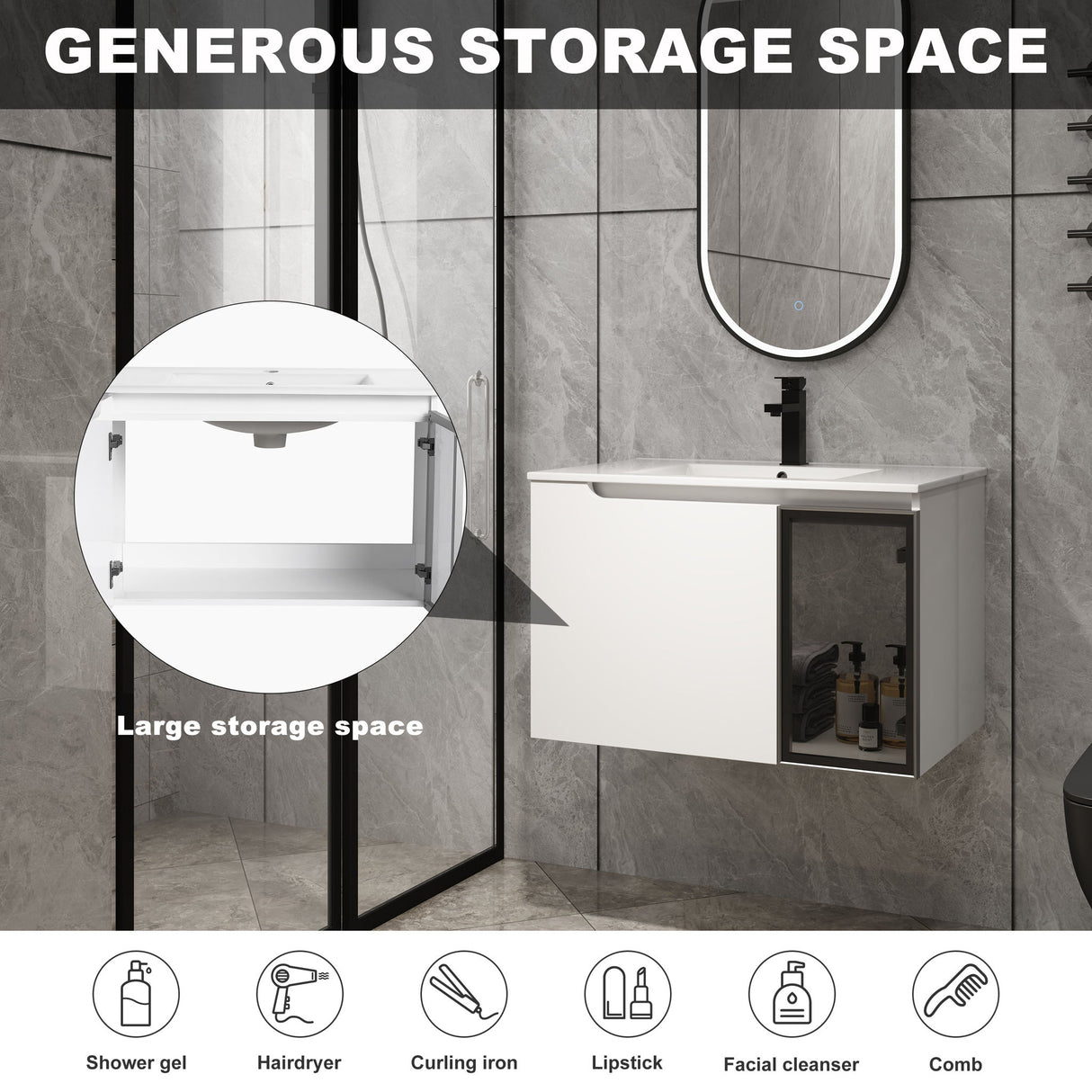 Wall Mounted Bathroom Vanity With Sink, 2 Soft Close Doors, Cabinet & Half Door
