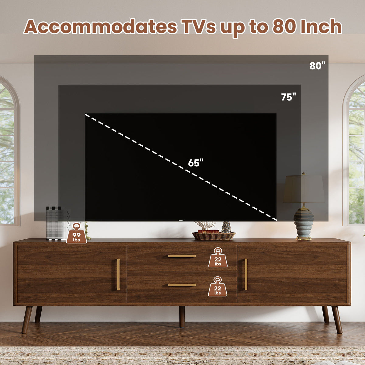 70" TV Stand With Storage Drawers And Cabinets For TVs Up To 80" - Walnut