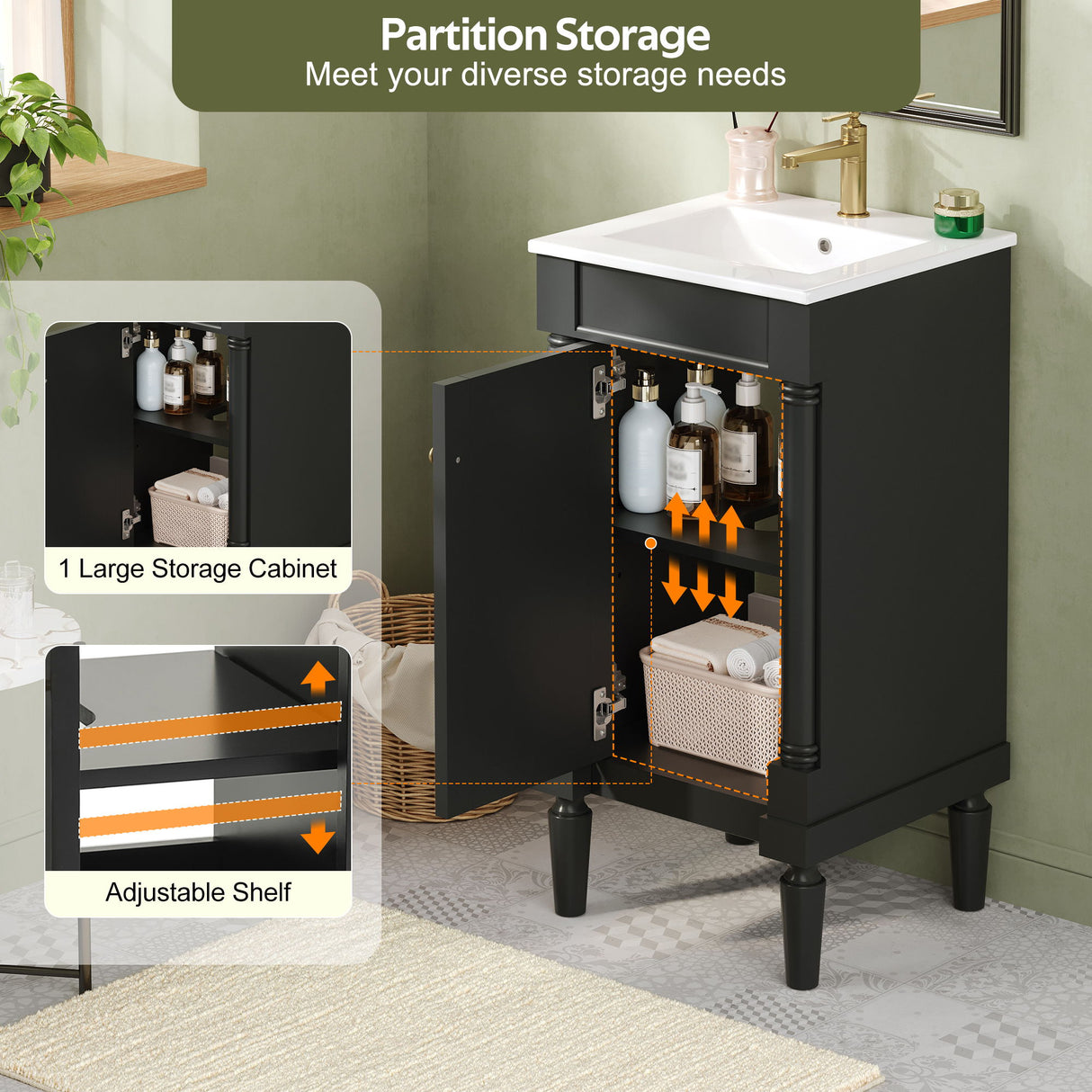 French Style Bathroom Cabinet With Sink, Adjustable Shelf