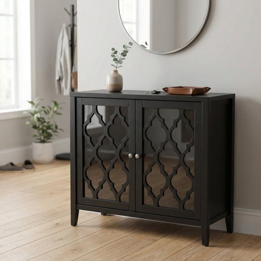 Console Cabinet Sideboard with Glass Doors Wood Storage Table 34x30in Black