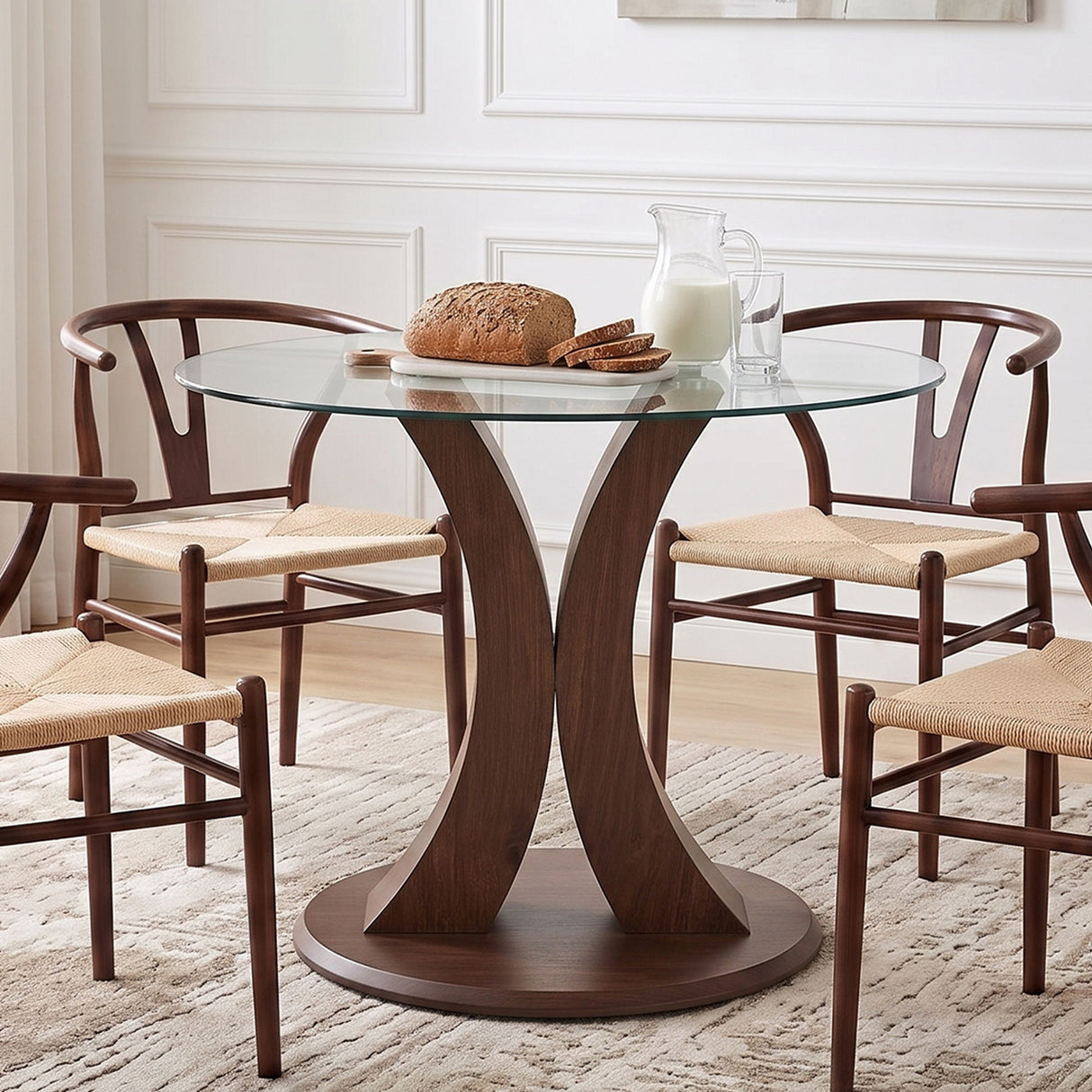 2 In 1 Round Glass Dining Table With Adjustable Curved Base, - Transparent / Walnut